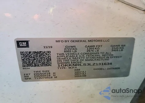 2020 GMC Acadia Sle z USA, uszkodzony, nr VIN 1GKKNRLS3LZ131634